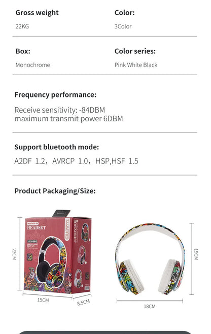 Auscultadores Gaming Bluetooth Sem Fios New Graffiti LX-8686 com Microfone, Iluminação LED, Suporte para Cartão TF, Graves Profundos e Design Over-Ear para PC, Gaming e Crianças