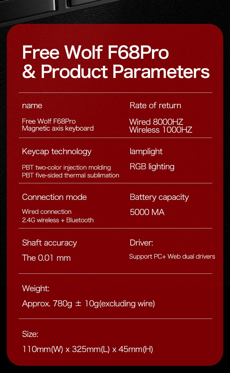 FREEWOLF F68 F68Pro Gaming Keyboard Magnetic Switch 3-Mode Wireless Bluetooth Wired, 8K/1K Polling RGB Hot-Swap RT VALORANT FPS