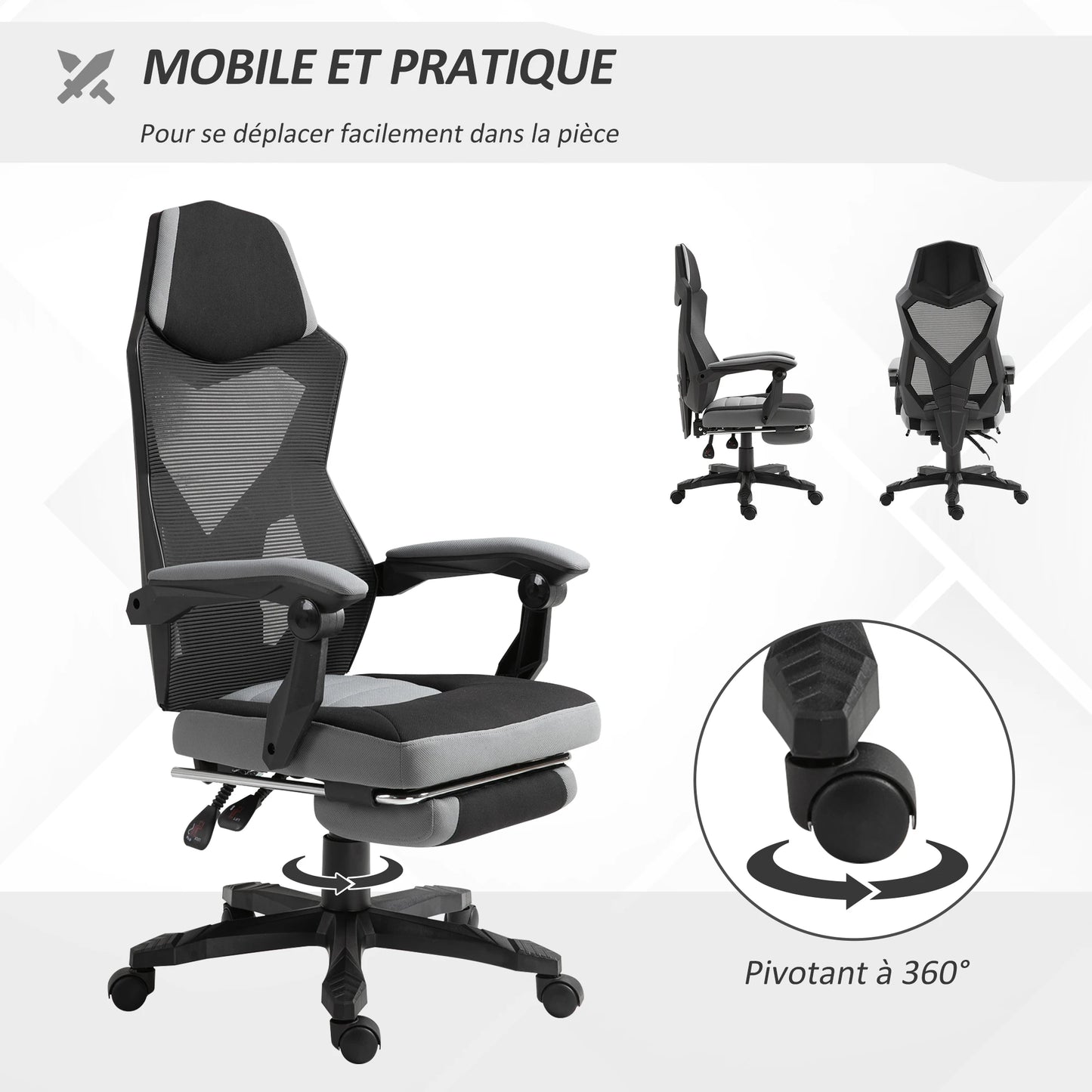 Ergonomic Gaming Office Chair, Grey & Black, Adjustable Height, 360° Swivel, Mesh Fabric, High-Density Foam, Easy Assembly