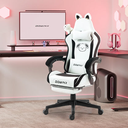 Сладък гейминг стол с котешки ушички и поставка за крака, розов Kawaii компютърен стол, ергономична геймърска седалка с висок гръб и лумбална опора с котешка лапичка