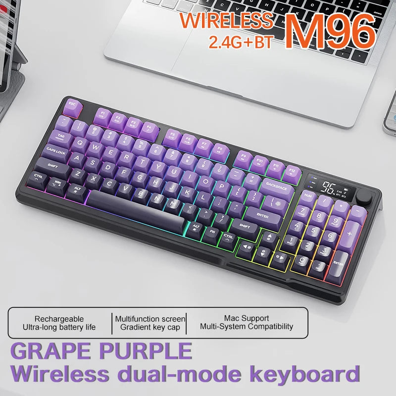 Teclado Sem Fios Bluetooth M96 FREEWOLF com Ecrã Digital, Retroiluminação RGB, Bateria de 2000mAh e Teclas PBT para PC/Portátil