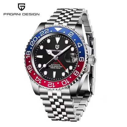 Montre mécanique pour homme PAGANI DESIGN (40 mm) – Cadran violet, fonction GMT, bracelet type Jubilee, verre saphir, étanche, mouvement automatique