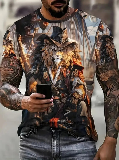 3D Plus Size Men's Lion Print T-shirt Summer Short Sleeve Crew Neck Tees Shirts For Men New In Animal Lion Graphic Tshirts Tops