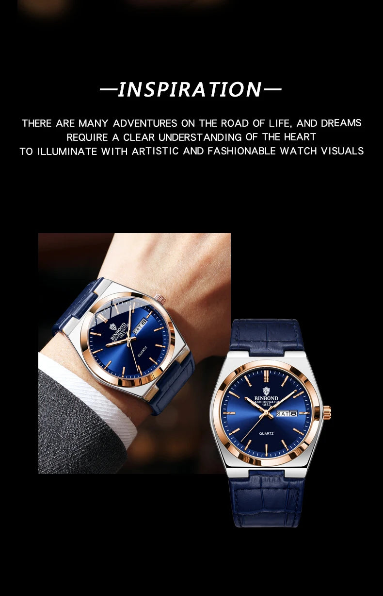 BINBOND Luxury leather strap quartz wristwatches precise luminous waterproof auto date week display durable men's watch reloj