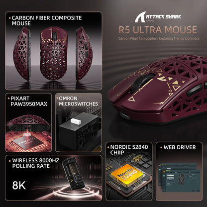 Mouse de gaming wireless ATTACK SHARK R5 Ultra Carbon Fiber, senzor de gaming PixArt PAW3950MAX, 42000DPI, 8000Hz, MCU Nordic 52840