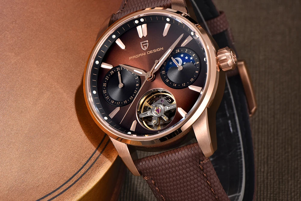 PAGANI DESIGN – Mekanisk luksusur til mænd, 41 mm, safirglas, læderrem, vandtæt, pilotstil, med tourbillon og månefase