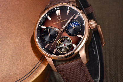 PAGANI DESIGN – Mekanisk luksusur til mænd, 41 mm, safirglas, læderrem, vandtæt, pilotstil, med tourbillon og månefase
