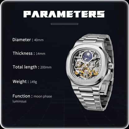 2026 High-end Luxury SKROX Square Man Watch Sapphire Stainless Steel Skeleton Moon Phase Classic Automatic Movement Male Watches