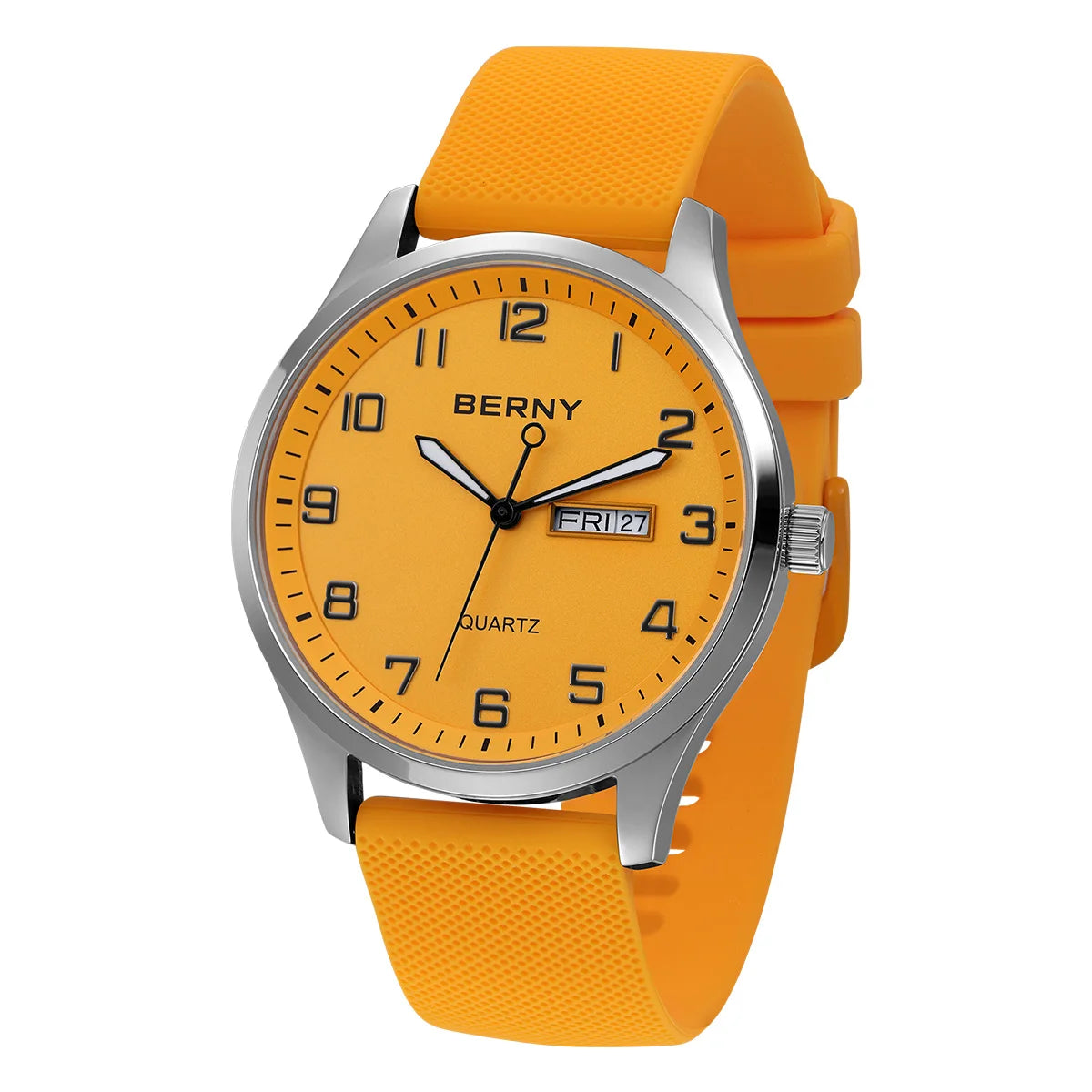 BERNY Men's Watches Luminous Calendar Week Quartz Men Watch Casual Soft Silicone Strap Easy Read Big Dial Sports Wristwatch