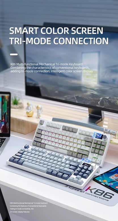 Teclado mecânico ATTACK SHARK K86 com botão metálico, ecrã TFT inteligente a cores, layout de 87 teclas, iluminação RGB e ligação trimodo