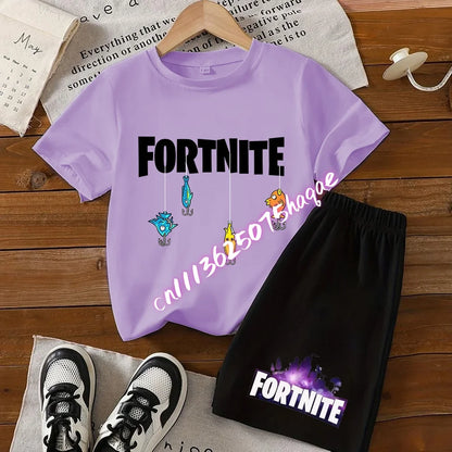 Summer FortnitesT-shirt Shorts for Boys Girl Tee Pants Set 2pcs Children Clothing Tops T-shirts Fortress Night Print Tees Gift