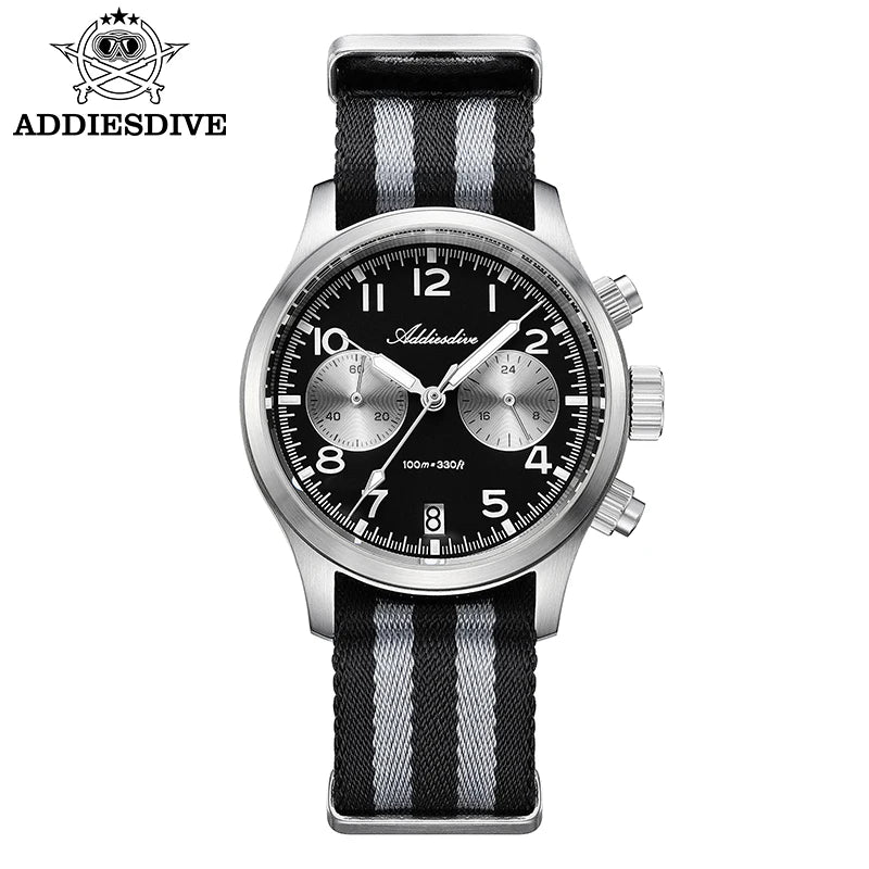 Relógio Masculino ADDIESDIVE 2025 New Panda Eye Retro Luxo VK64 Quartz, Cronógrafo Desportivo, 100M Impermeável, Luminoso