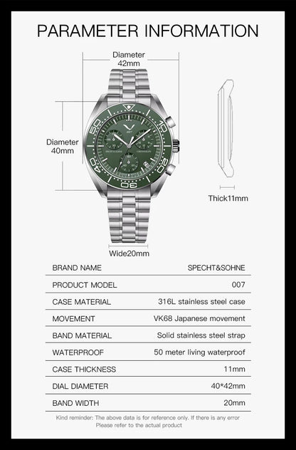 New 007 Specht&Sohne Sports Watches for Men Top Brand Luxury Steel Wrist Watch Fashion Japan VK68 Chronograph