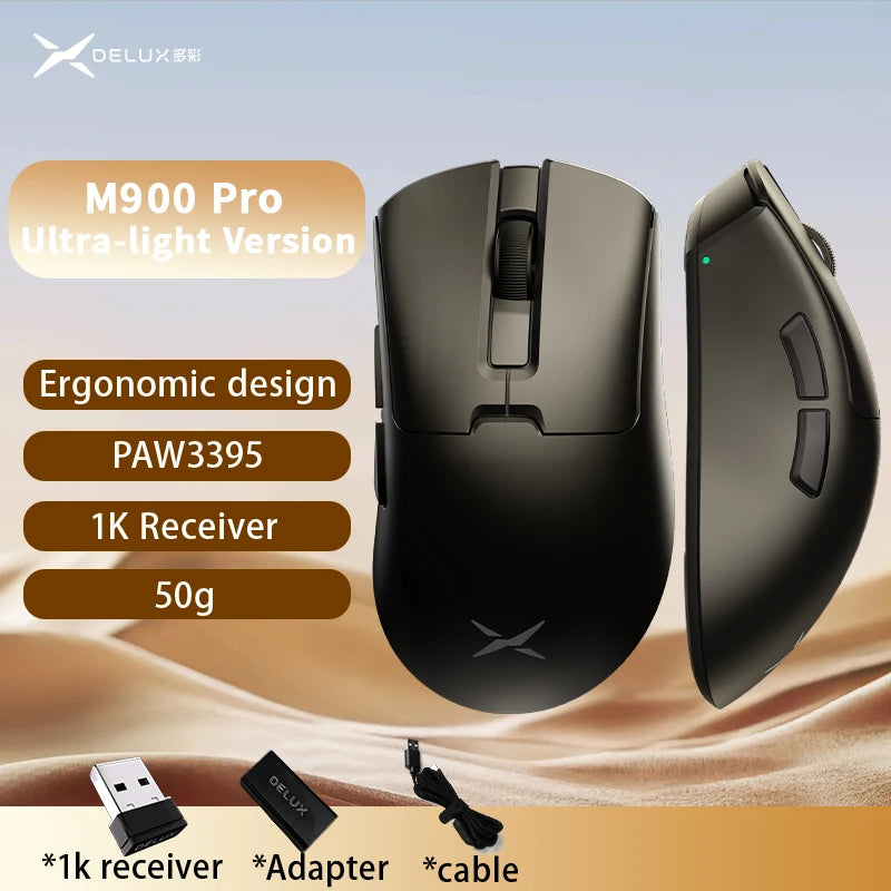 Delux M900PRO ultralet version trådløs gamingmus ergonomisk 1K/8K polling rate 50g PAW3395 til højre stor hånd PC-gamer
