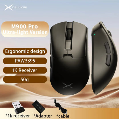 Delux M900PRO ultralet version trådløs gamingmus ergonomisk 1K/8K polling rate 50g PAW3395 til højre stor hånd PC-gamer