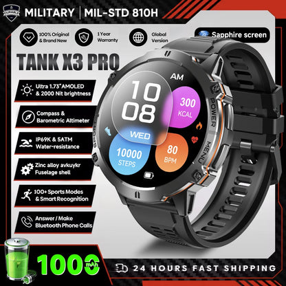 2026 Novo Smartwatch Militar TANK X3 para Homem, Bateria 1000mAh, 10ATM À Prova de Água para Natação, Percurso GPS, Ecrã AMOLED HD de 1.75", Chamadas e Desporto