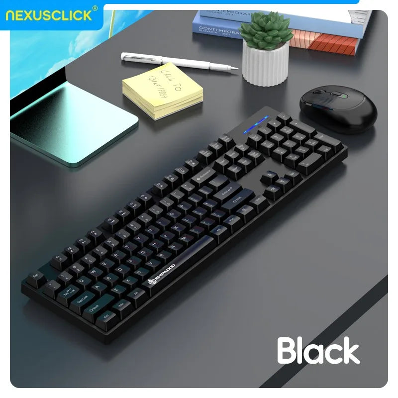 Conjunto Teclado e Rato Sem Fios NexusClick para Gaming e Escritório, Poupança de Energia Inteligente, Tamanho Completo, 104 Teclas, 1600DPI Ajustável, USB para Portátil e PC