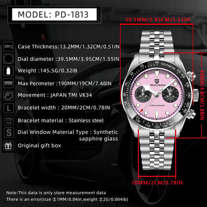 PAGANI DESIGN Men Watches 2026 New Pink BB Panda Dial Chronograph Fashion Luxury Quartz Watch For Men VK64 Movt Waterproof Watch