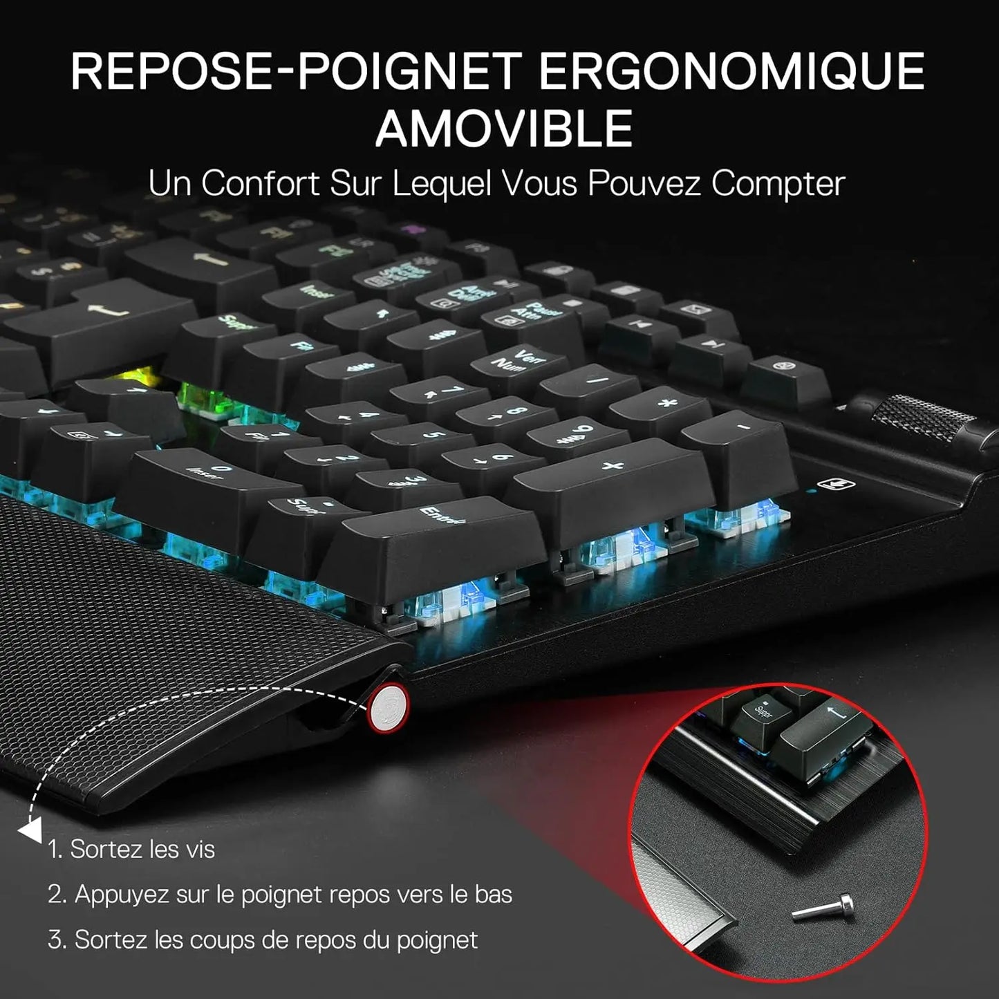 Redragon K550 RGB AZERTY Gaming Keyboard, 104 Keys + 12 Macro Keys, Wired Mechanical Keyboard, Aluminum Top Plate, Clicky Purple Switches, 2 USB Ports, Wrist Rest, Black