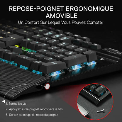 Redragon K550 RGB AZERTY Gaming Keyboard, 104 Keys + 12 Macro Keys, Wired Mechanical Keyboard, Aluminum Top Plate, Clicky Purple Switches, 2 USB Ports, Wrist Rest, Black