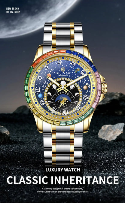 GLENAW Watches Original Design Diamond Constellation Rotating Dial Stainless Steel Luxury Men's Automatic Mechanical Watch P8719