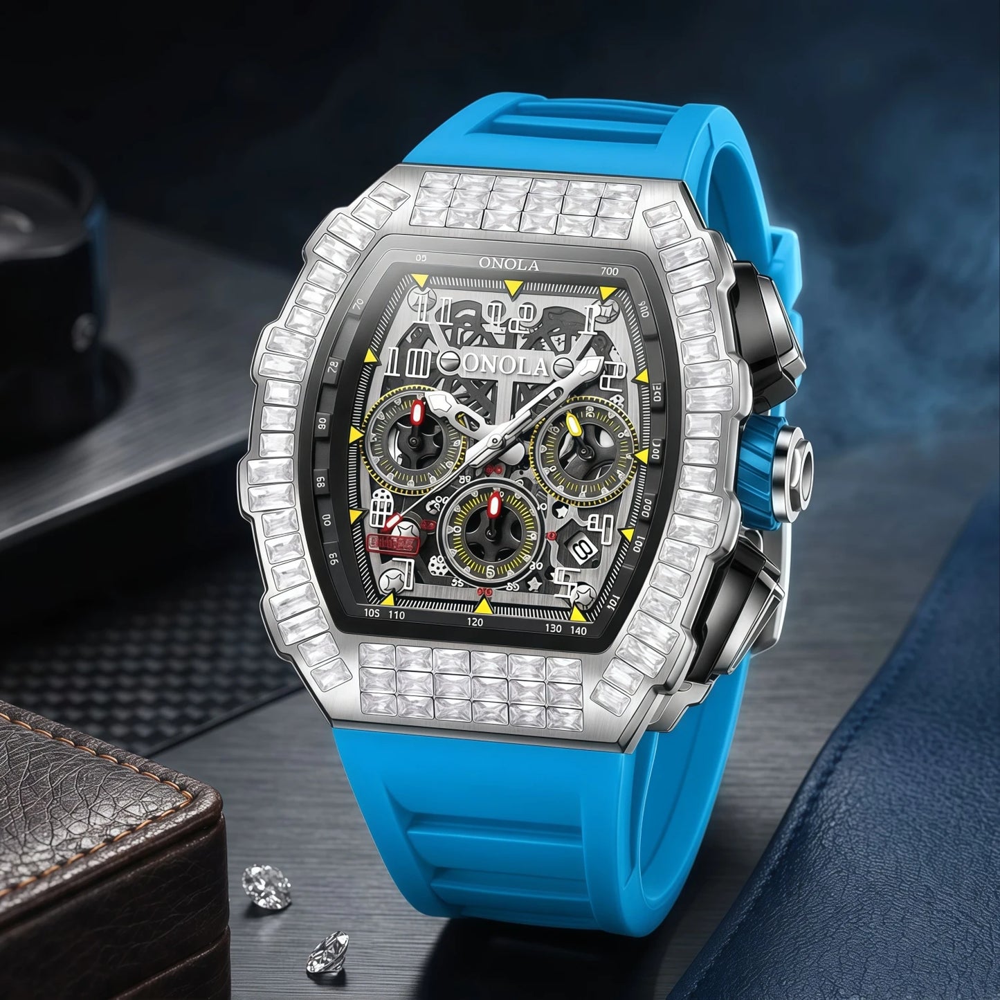 Hot Selling Fashion Fully Automatic Mechanical Watches Men ONOLA Unique Design with Diamond Inlaid Waterproof Tape Men's Watch