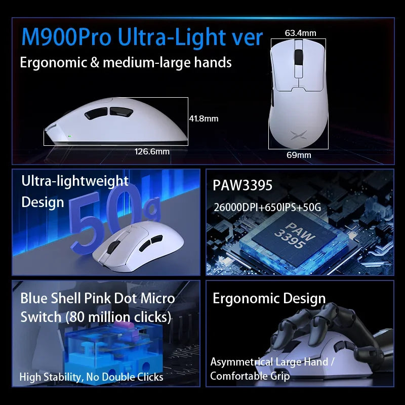 Delux M900PRO ultralet version trådløs gamingmus ergonomisk 1K/8K polling rate 50g PAW3395 til højre stor hånd PC-gamer