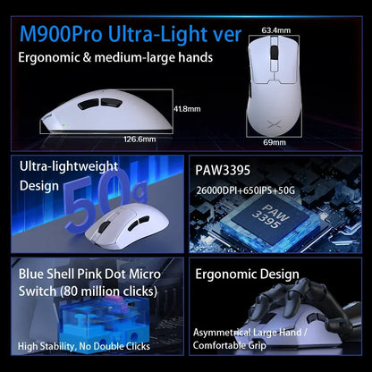 Delux M900PRO ultralet version trådløs gamingmus ergonomisk 1K/8K polling rate 50g PAW3395 til højre stor hånd PC-gamer