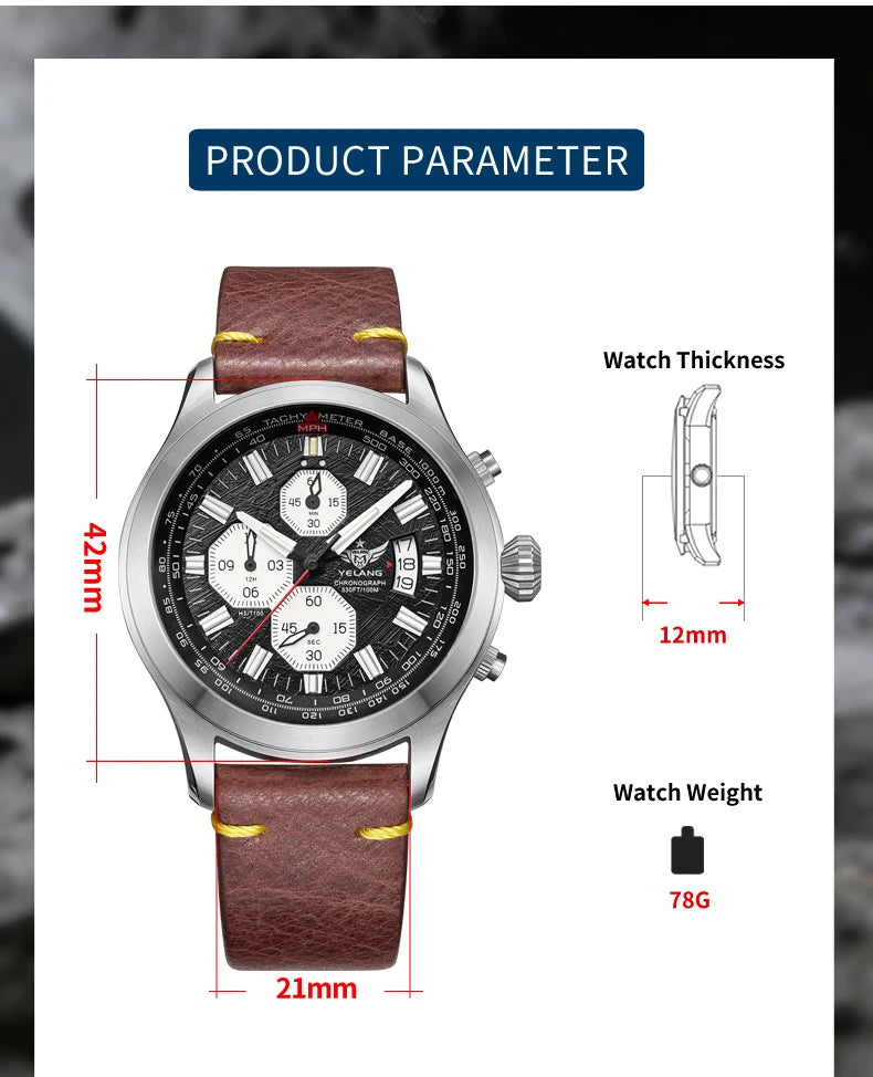 Zegarek kwarcowy męski YELANG V1029S 42mm, mechanizm Japan OS10, luminescencja T100, wodoodporność 100M, sportowy styl militarny, szafir