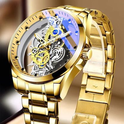 Relógio de moda para homem, modelo com abertura dupla, estilo luxuoso dourado, imitação de turbilhão mecânico, movimento de quartzo.