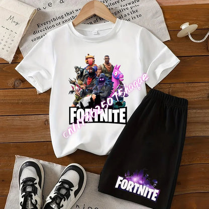 Summer T-shirts 2 pieces Fortnite children's cotton short-sleeved set with cartoon prints, boys' sports shirt, casual top, gift
