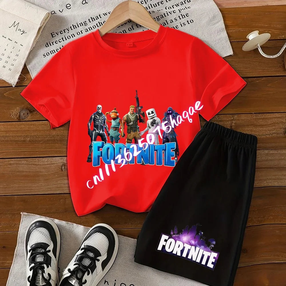 Summer T-shirts 2 pieces Fortnite children's cotton short-sleeved set with cartoon prints, boys' sports shirt, casual top, gift