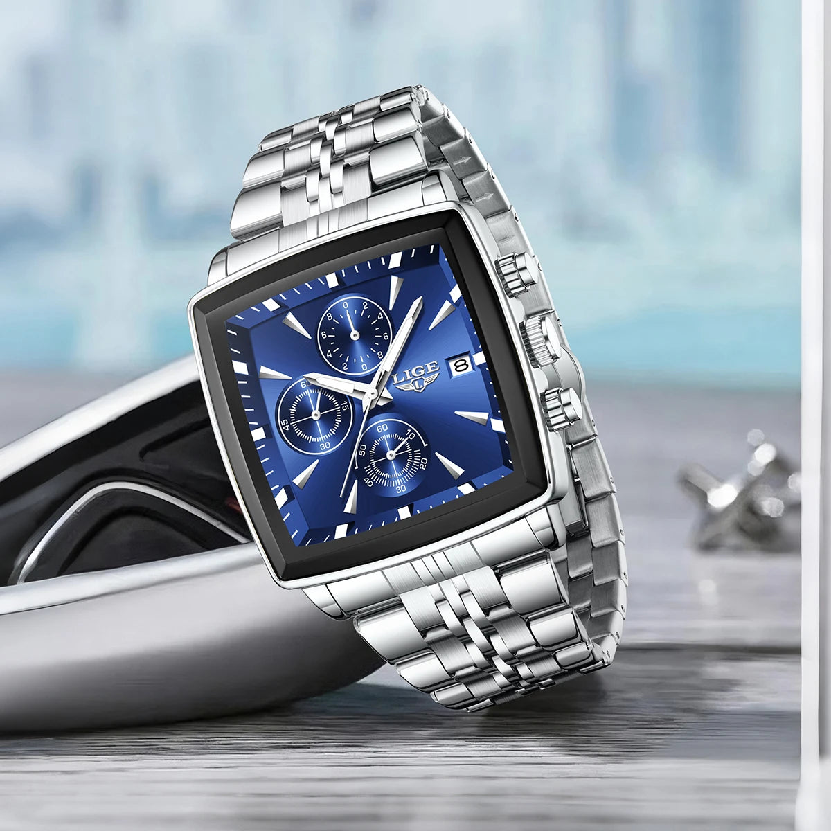LIGE luxe herenhorloges, vierkant model, klassieke en trendy stijl, van roestvrij staal, waterdicht, sportief en casual, met quartz uurwerk.