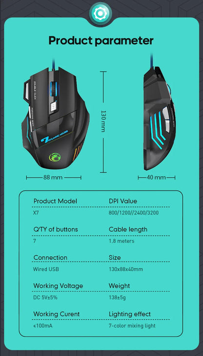 IMICE X7 Optical Gaming Mouse Adjustable DPI Ergonomic Anti-Slip Design Colorful Luminous Suitable for Desktop Computers Laptop