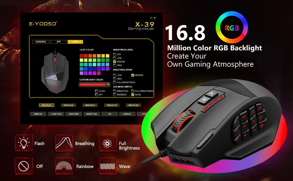 E-YOOSO X-39 програмируема геймърска мишка, кабелна RGB мишка с 18 бутона, 8 сменяеми тежести, 5 DPI нива, ергономичен захват за компютър