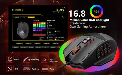 E-YOOSO X-39 програмируема геймърска мишка, кабелна RGB мишка с 18 бутона, 8 сменяеми тежести, 5 DPI нива, ергономичен захват за компютър