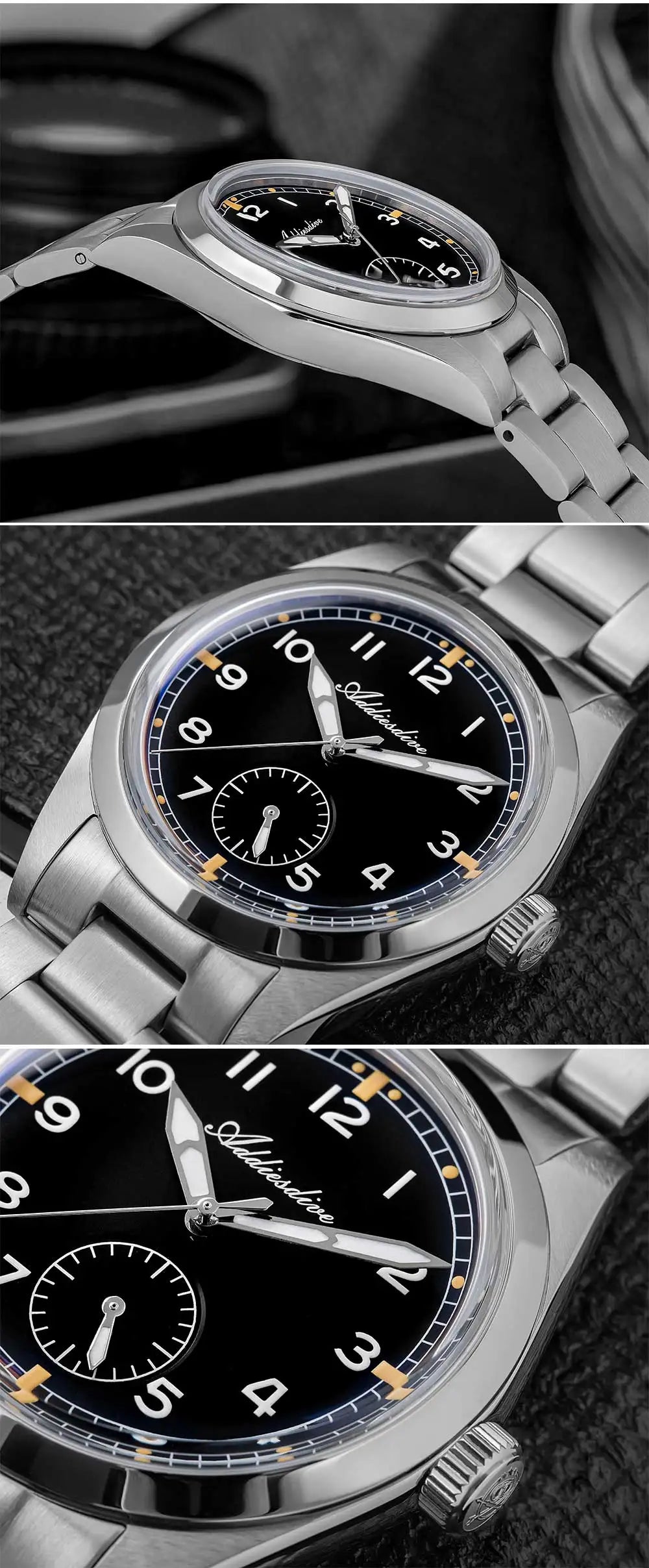 Relógio de quartzo ADDIESDIVE 36mm para homem VH60, luminoso BGW9, vidro em cúpula tipo bolha, resistente à água 10Bar, em aço inoxidável