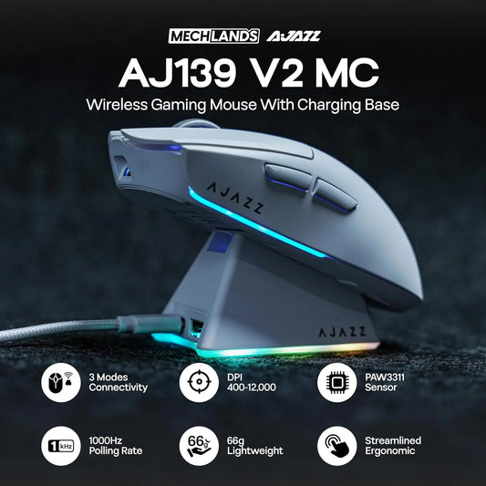 Ratón gaming inalámbrico AJAZZ AJ139 V2 MC/AJ139 PRO con sensor PAW3311/PAW3395, 12000DPI/26000DPI, 500mAh, Bluetooth, para PC