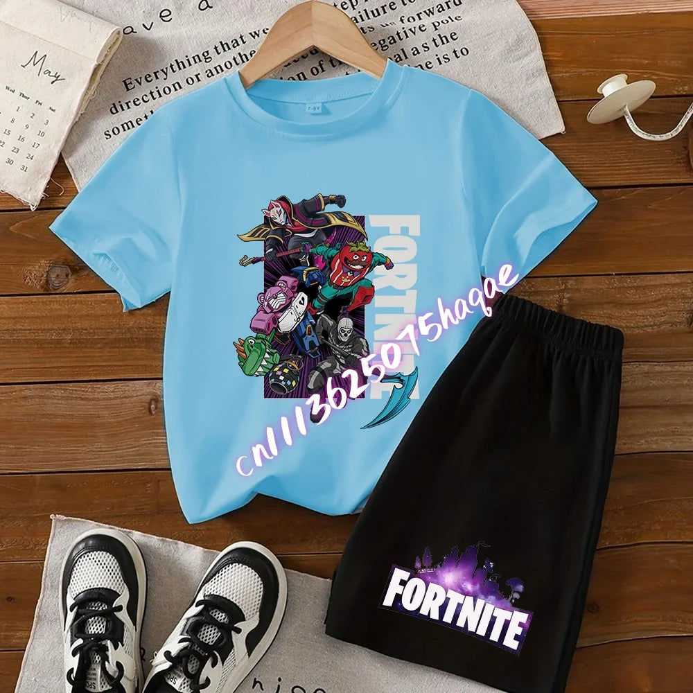 Summer FortnitesT-shirt Shorts for Boys Girl Tee Pants Set 2pcs Children Clothing Tops T-shirts Fortress Night Print Tees Gift