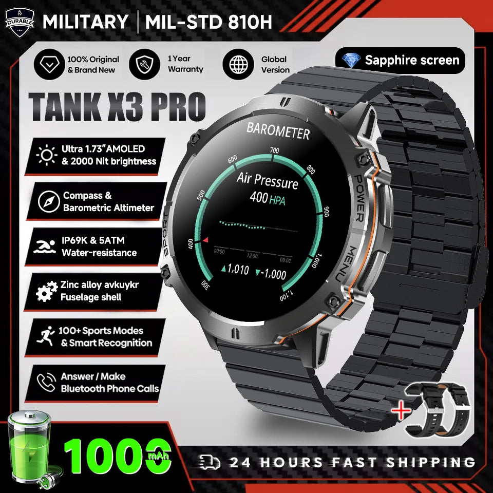 2026 Novo Smartwatch Militar TANK X3 para Homem, Bateria 1000mAh, 10ATM À Prova de Água para Natação, Percurso GPS, Ecrã AMOLED HD de 1.75", Chamadas e Desporto