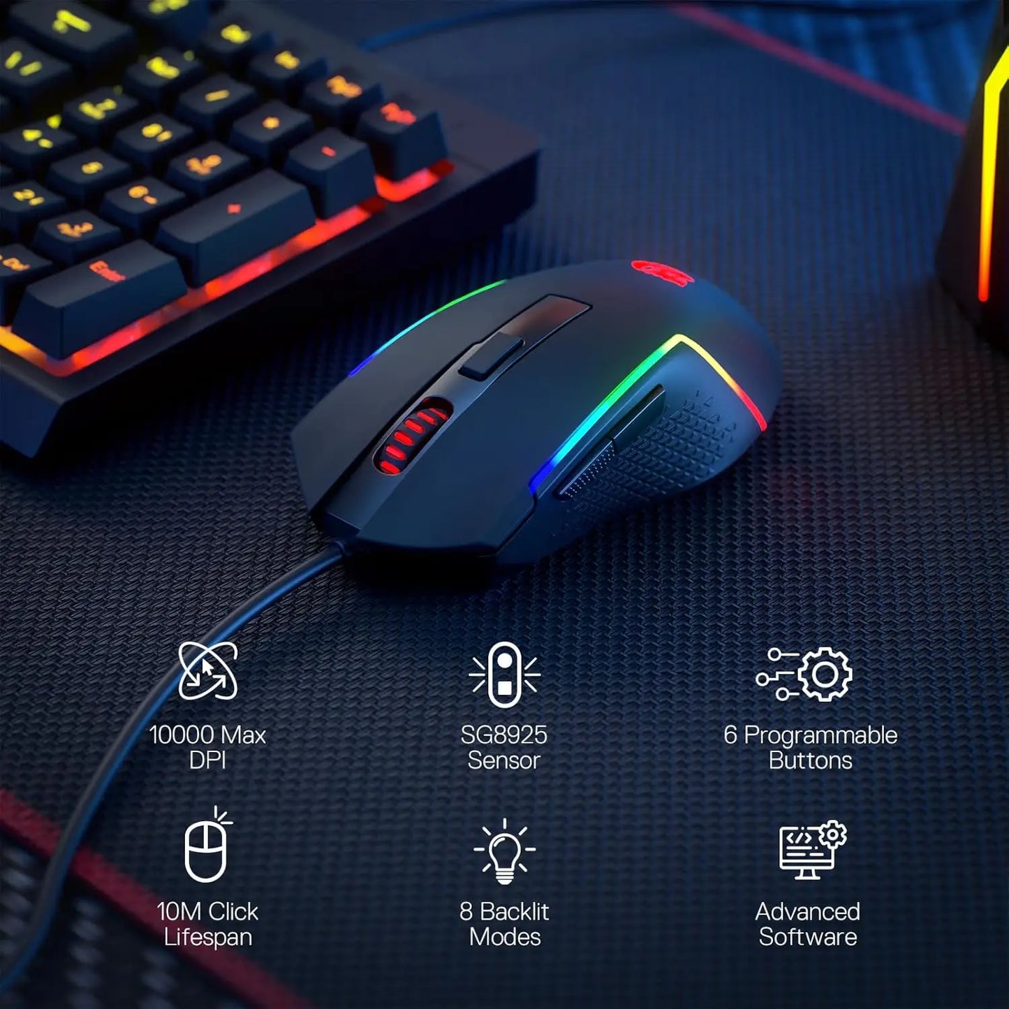 Herní kabelová optická myš Redragon M616 RGB, 10000 DPI, 6 programovatelných tlačítek, 8 režimů podsvícení, software podporuje vlastní přiřazení kláves