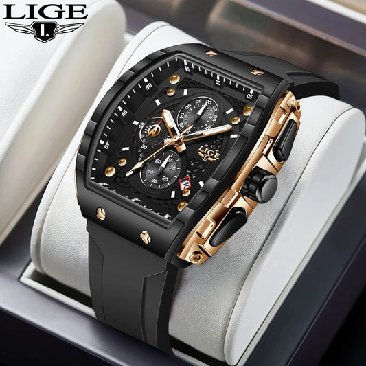 Orologio da uomo LIGE, fashion di lusso, impermeabile, cinturino in silicone, movimento al quarzo, luminoso, sportivo, data automatica, cronografo, design essenziale