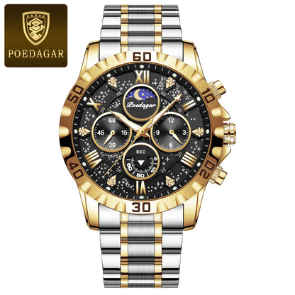Vyriškas laikrodis „POEDAGAR“ – prabangus, atsparus vandeniui ir švytintis chronografas, pagamintas iš nerūdijančio plieno, sportinio ir karinio stiliaus, su kvarciniu mechanizmu