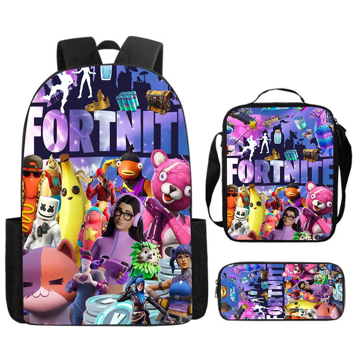 Cute Cartoon  3pcs Set School Backpack with Lunch Bag Pencil Case , Large Anime Fortnite Kids School Bags For Boys and Girls