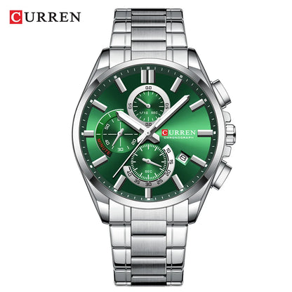 CURREN Men's Stainless Steel Chronograph Watches with Luminous Hands,Triple Sub-Dials Auto Date Fashion Design Quartz Wristwatch