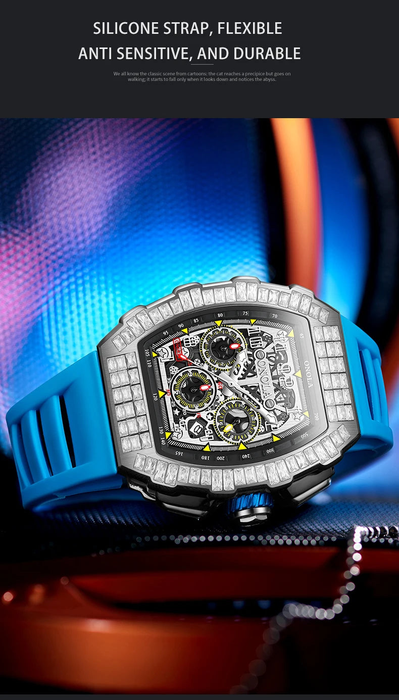 Hot Selling Fashion Fully Automatic Mechanical Watches Men ONOLA Unique Design with Diamond Inlaid Waterproof Tape Men's Watch