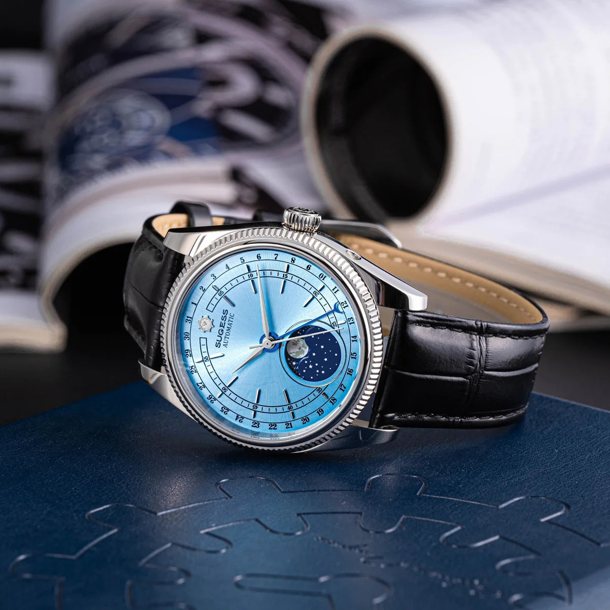 Sugess 40mm Watch of Men Moonphase Automatic ST2108 Movement Sapphire Crystal Mechanical Wristwatches Waterproof Date 2024 New