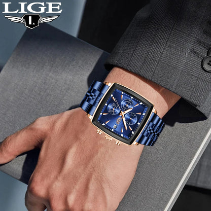 LIGE luxe herenhorloges, vierkant model, klassieke en trendy stijl, van roestvrij staal, waterdicht, sportief en casual, met quartz uurwerk.