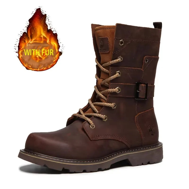 KOWM Cowhide Outdoor Men Hiking Shoes Waterproof Tactical Desert Shoes Hunting Boots Snow Boots Fur Sneakers Women Trekking Shoes