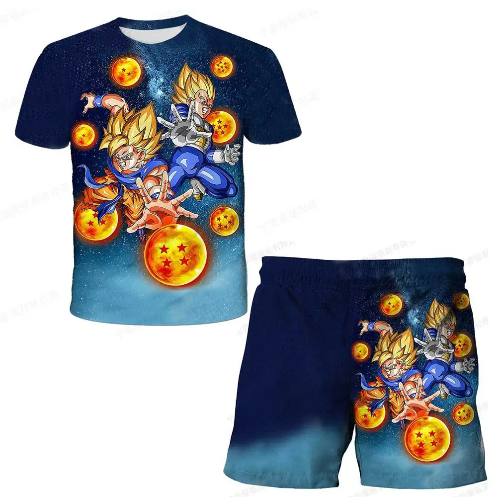Japanisches Cartoon-Dragon-Ball-Z-T-Shirt, Kinder-Oberteil, T-Shirt- und Shorts-Zweiteiler für den Sommer, Jungen-T-Shirt + Shorts, Strandshorts